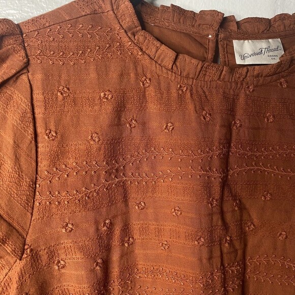 Universal Thread Burnt Orange Puff Sleeve Ruffle Dress Embroider Peasant Medium - Picture 8 of 14